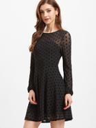 Shein Black Sheer Sleeve Polka Dot Mesh Skater Dress