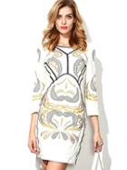Shein White Round Neck Length Sleeve Embroidered Dress