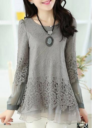 Rosewe Enchanting Long Sleeve Round Neck Grey Chiffon Blouse