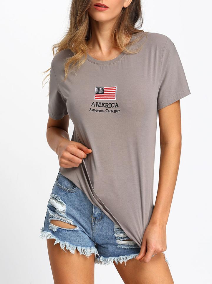 Shein Grey Short Sleeve American Flag Print T-shirt