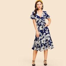 Shein Ruffle Sleeve And Hem Floral Wrap Dress