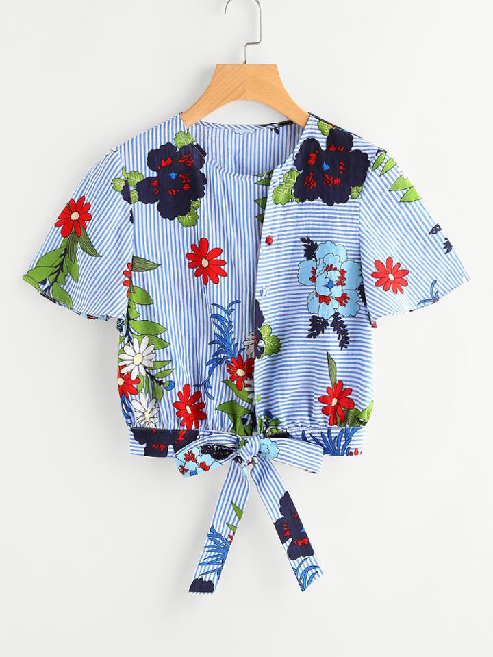 Shein Botanical Print Tie Front Striped Blouse