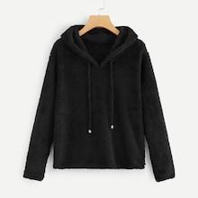 Shein Solid Drawstring Detail Hooded Teddy Sweatshirt