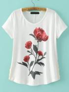 Shein White Short Sleeve Rose Print Loose T-shirt
