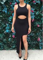 Rosewe Asymmetric Hem Cutout Waist Black Maxi Dress