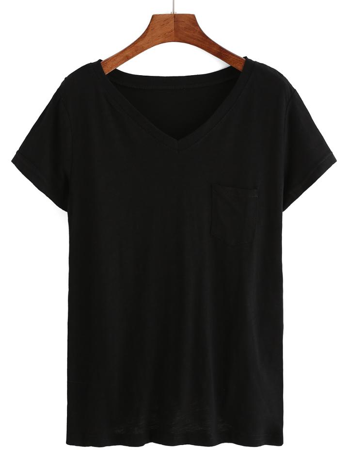 Shein Black V Neck Short Sleeve Pocket T-shirt