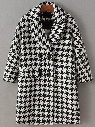 Shein Black And White Houndstooth Double Breasted Coat