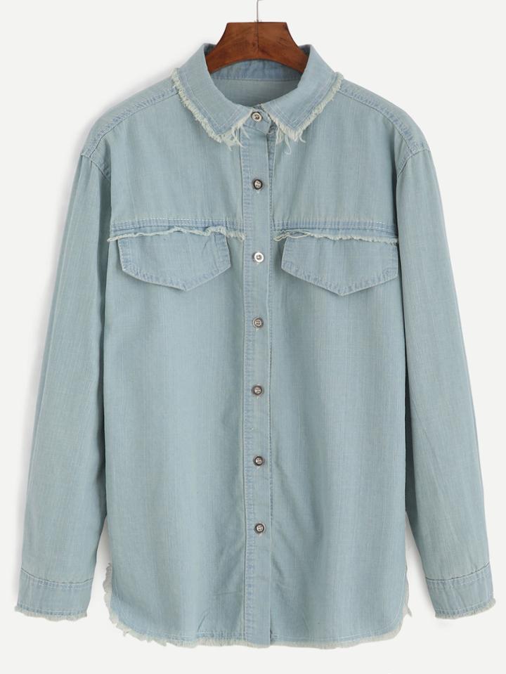 Shein Blue Slit Side Raw Hem Denim Shirt
