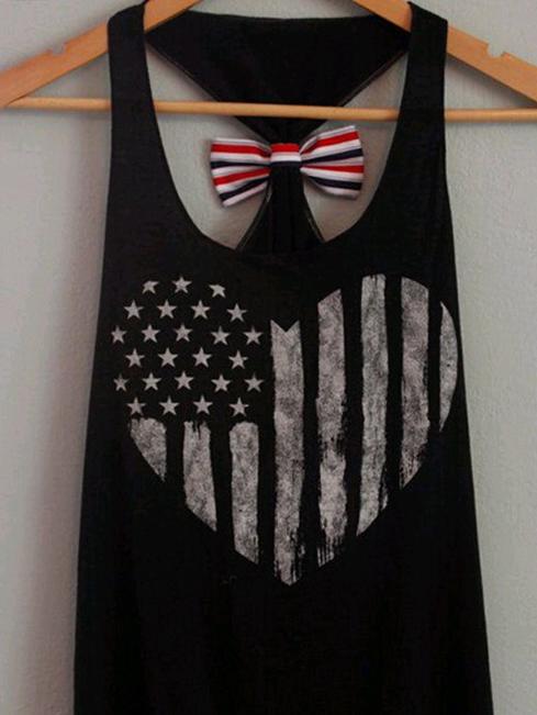 Shein Black Heart Print Bow Racerback Tank Top