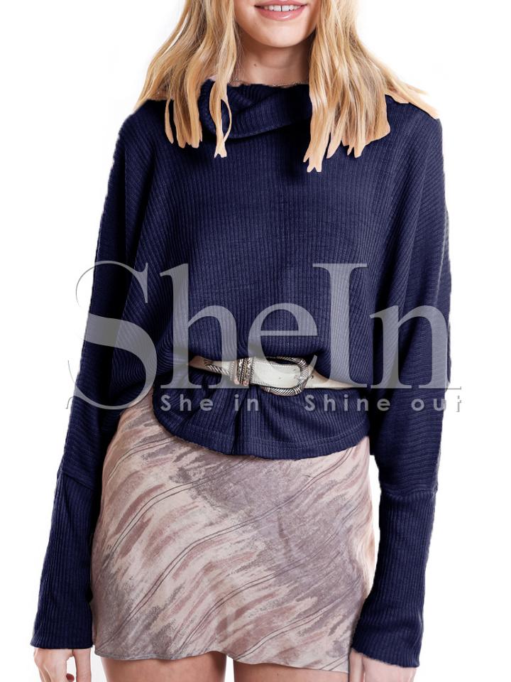 Shein Navy Long Sleeve Split Back T-shirt