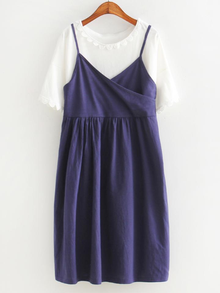 Shein White Plain T-shirt With Navy Spaghetti Strap Pleated Dress