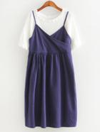Shein White Plain T-shirt With Navy Spaghetti Strap Pleated Dress