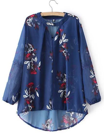 Shein Royal Blue Floral Dipped Hem Blouse