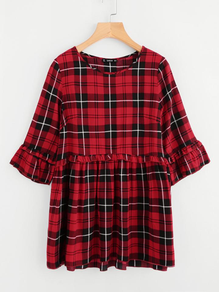 Shein Frill Detail Trumpet Sleeve Checked Smock Top