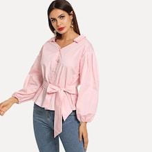 Shein Solid Tie Waist Button Front Blouse