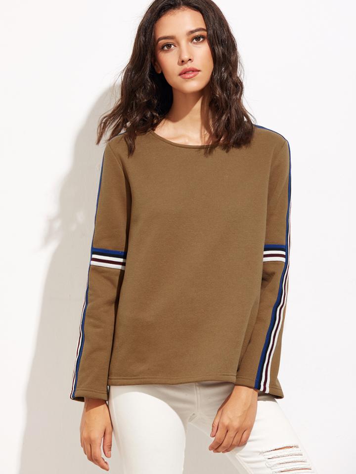 Shein Coffee Striped Tape Embellished Sweatshirt