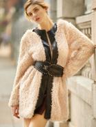 Shein Pink Faux Leather Trim Fluffy Coat
