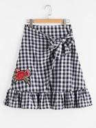 Shein Gingham Appliques Frill Hem Bow Tie Skirt