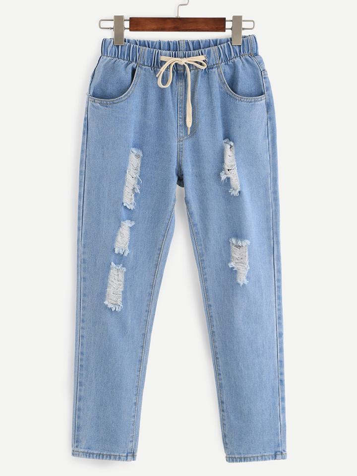 Shein Light Blue Ripped Drawstring Jeans