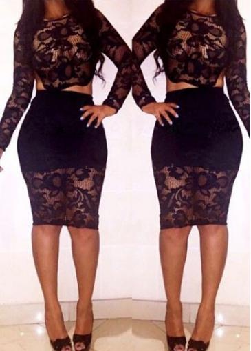 Rosewe Two Piece Lace Black Long Sleeve Bodycon Dresses
