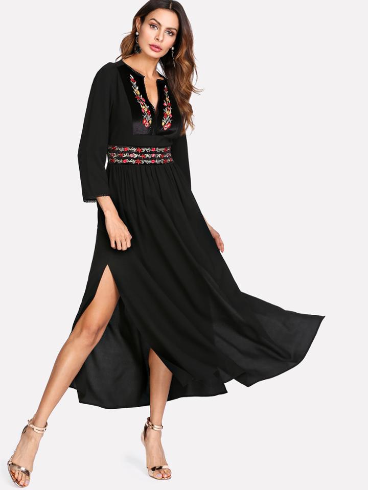 Shein Embroidered Velvet Panel Side Slit Dress