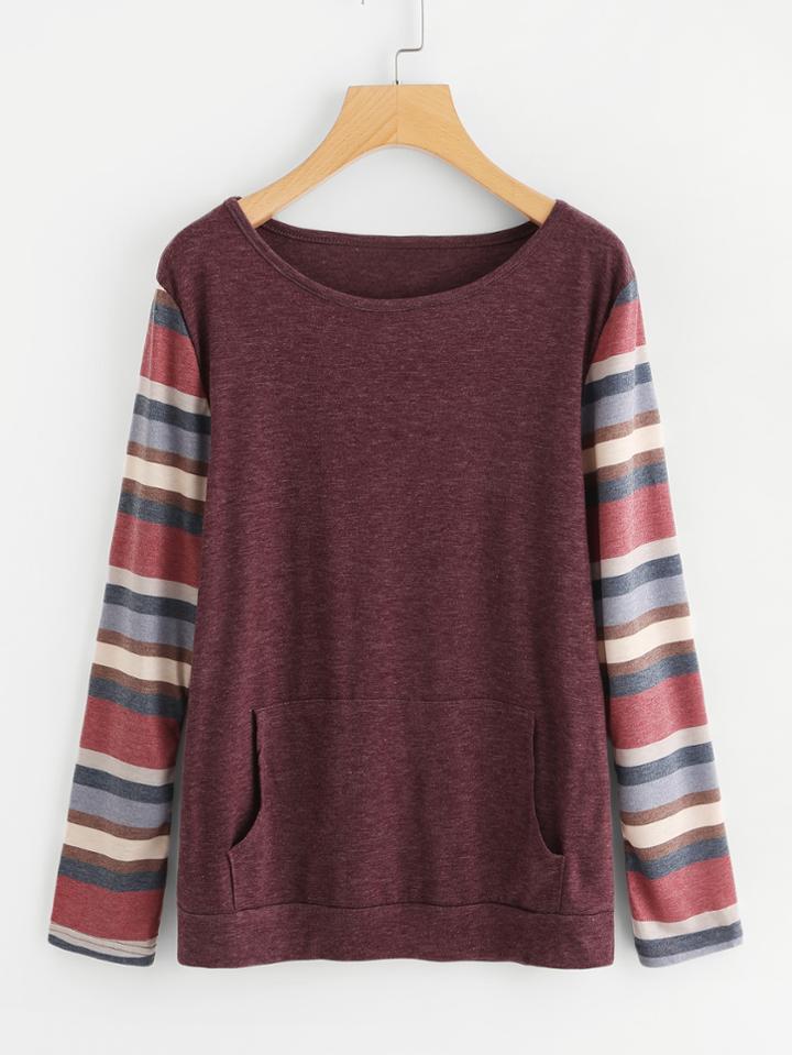 Shein Striped Sleeve Kangaroo Pocket Tee