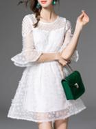 Shein White Bell Sleeve Hollow Beading A-line Dress