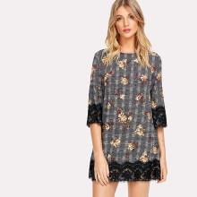 Shein Flower And Plaid Print Lace Hem Dress