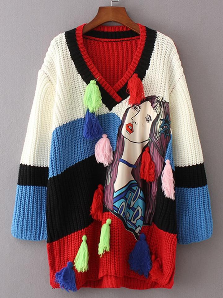 Shein Girl Print Tassel Embellished Color Block Sweater