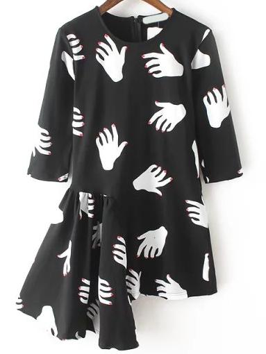 Shein Black White Half Sleeve Hand Print Asymmetrical Dress