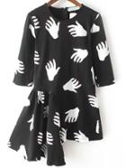Shein Black White Half Sleeve Hand Print Asymmetrical Dress