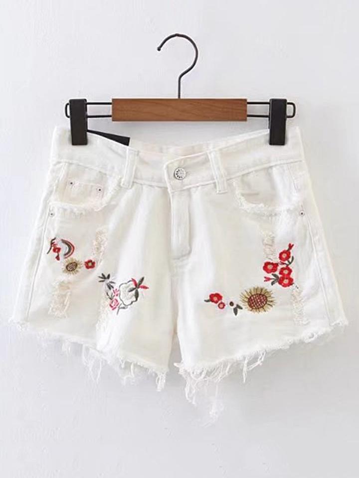 Shein Raw Hem Ripped Detail Embroidery Denim Shorts