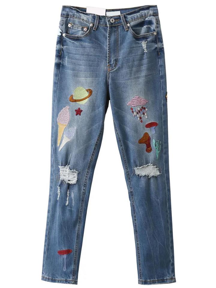 Shein Blue Embroidered Denim Pants