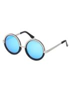 Shein Black Metallic Frame Blue Lenses Round Sunglasses