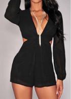 Rosewe Plunging Neck Cutout Waist Black Romper