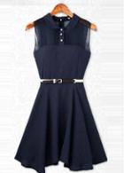 Rosewe Shirt Design Sleeveless Turndown Collar Navy Blue Dress