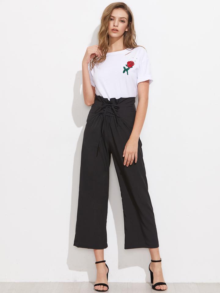 Shein Lace Up Waist Wide Leg Pants