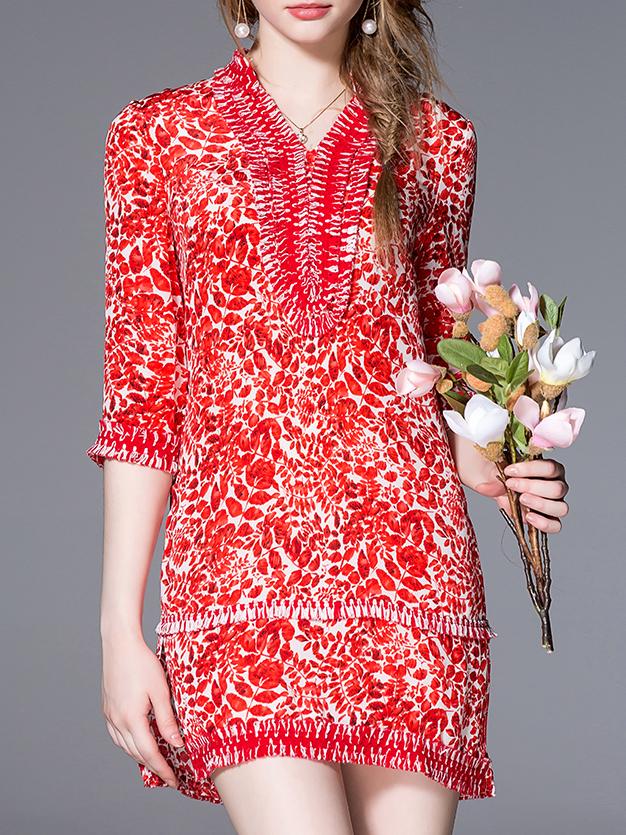 Shein Red V Neck Floral Shift Dress