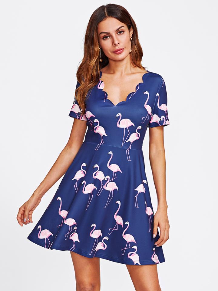 Shein Allover Flamingo Print Scallop Neck Dress