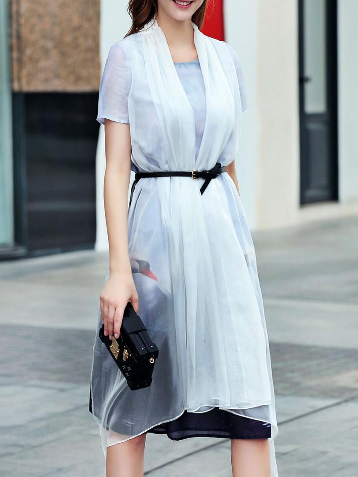 Shein White Belted Drape Print Shift Dress