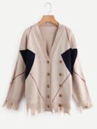 Shein Raw Edge Color Block Double Breasted Cardigan Sweater