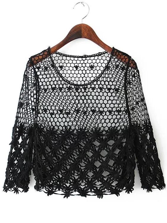 Shein Black Hollow Out Lace Blouse