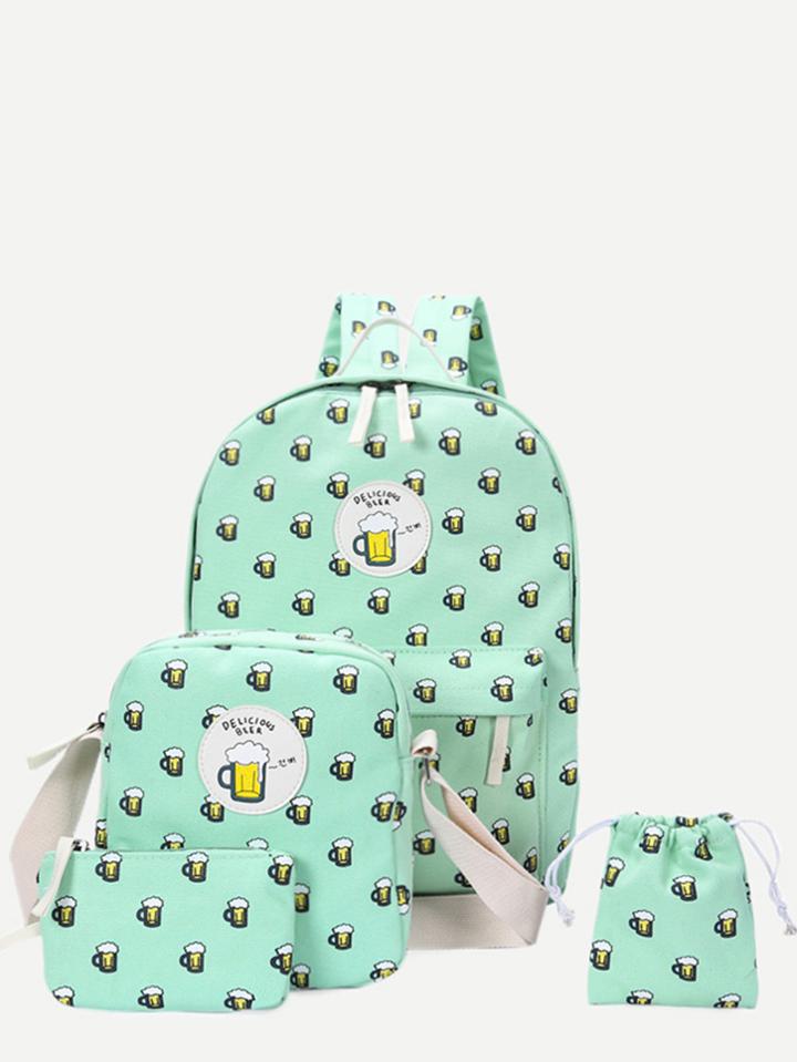 Shein Light Green Canvas Beer Print 4 Pieces Bags