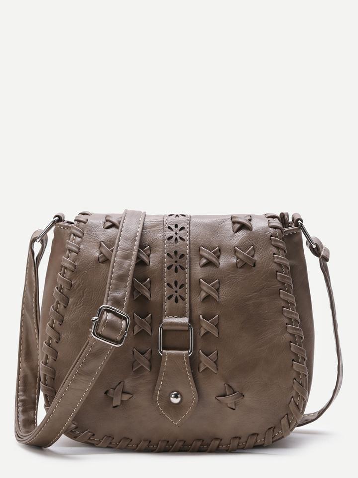 Shein Khaki Criss Cross Detail Buckle Pu Saddle Bag