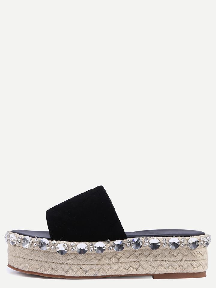Shein Black Peep Toe Rhinestone Thick-soled Espadrille Slippers