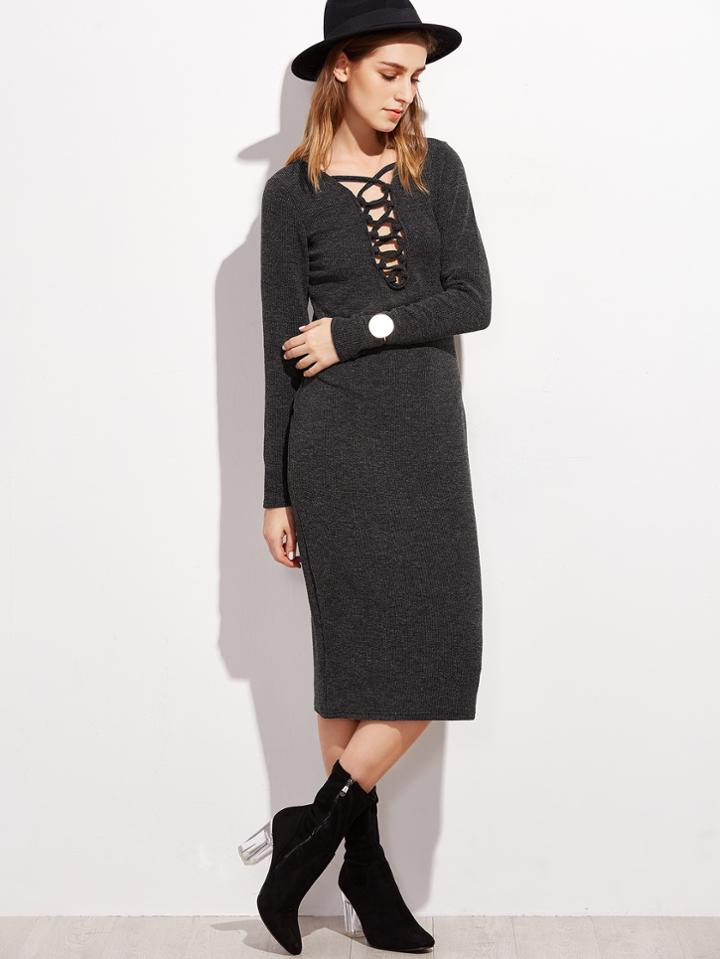 Shein Dark Grey Deep V Neck Lattice Front Dress