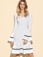 Shein White Keyhole Front Striped Ruffle Sleeve And Hem Dress
