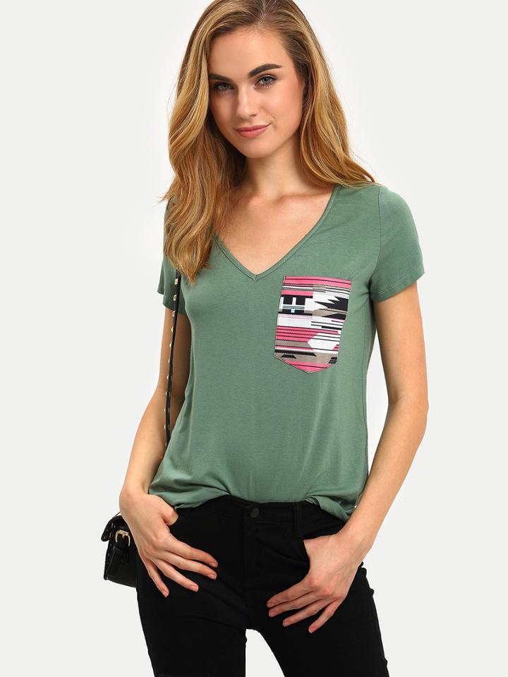 Shein Green Short Sleeve V Neck Pocket T-shirt