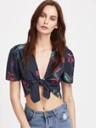 Shein Puff Sleeve Knotted Front Crop Top