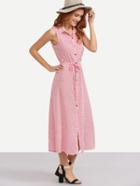 Shein Pink Tie Waist Button Roll-up Collar Sleeveless Dress